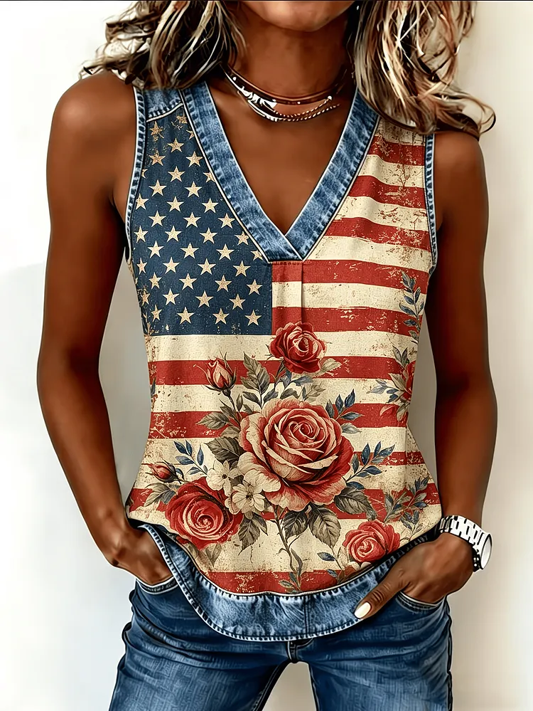 Women's Casual Color-Blocked Print Patchwork Top 
