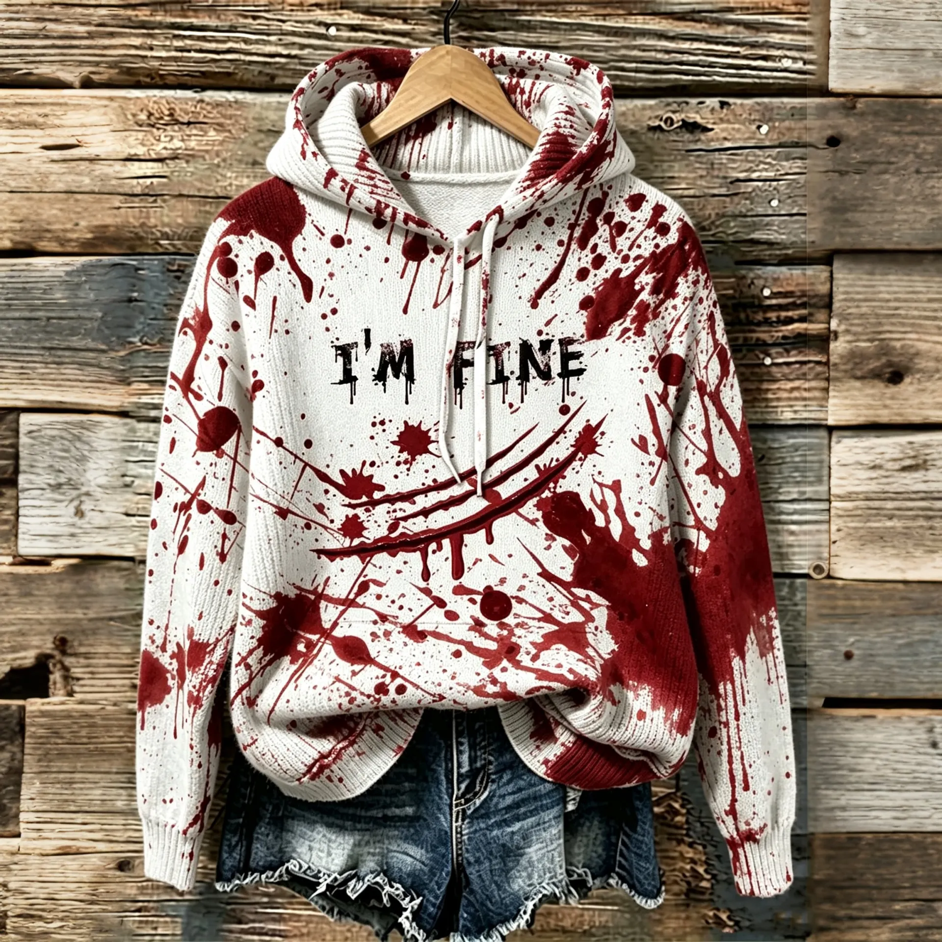 Comstylish Women's Halloween Bloodstain I'm Fine Printed Hooded Sweater