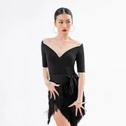 2025 Latin Dance Costumes Sexy Mesh V Neck Black Short Sleeves Tops Women Practice Clothes Samba Latin Performance Wear BL5760