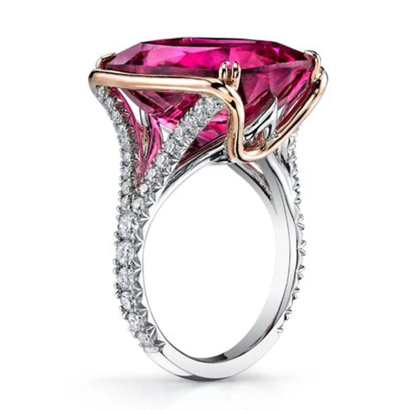 Vintage Female Crystal Round Thin Ring Charm Silver Color Engagement Ring Luxury Rose Red Zircon Wedding Rings For Women Men