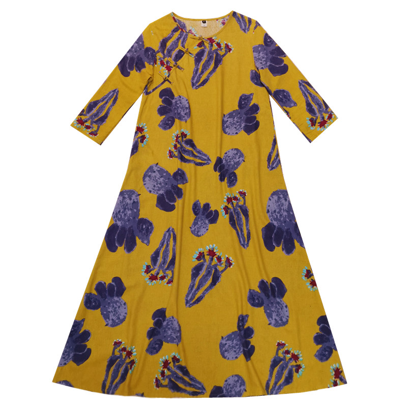 Chrysanthemum Feather Ethnic Sle Long Sleeve Loose Printed Dress Vintage Button up Skirt for Spring Summer Autumn Women's C...