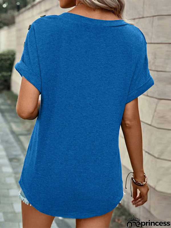 Solid Short Sleeve V-Neck Top with Buttons