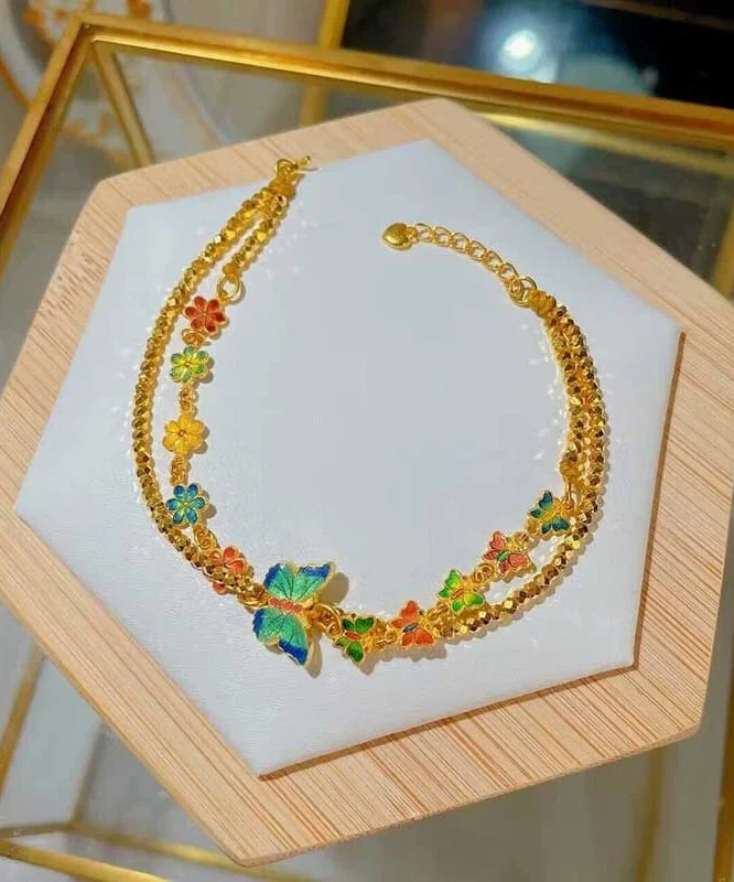 Unique Gold Ancient Gold Enamel Butterfly Floral Chain Bracelet