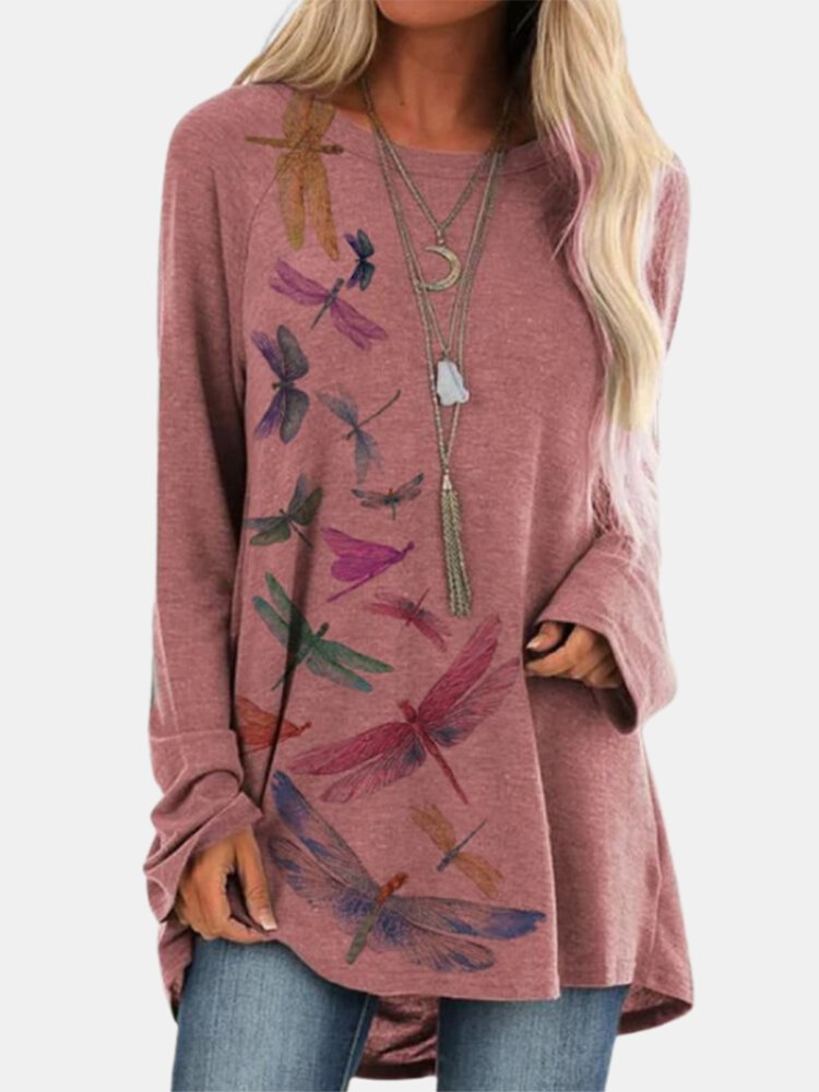 Dragonflies Print Long Sleeve O neck Casual Blouse For Women P1738595