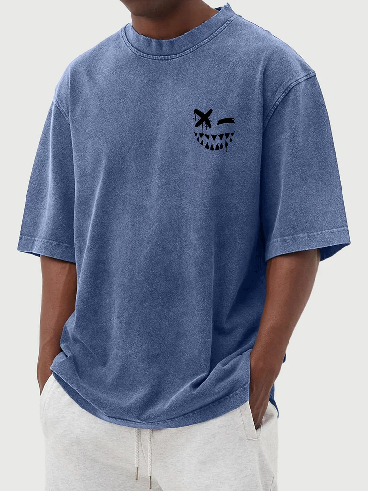 Men's and women's pure cotton washed distressed expression printed short-sleeved T-shirts