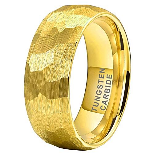 Gold Hammered Tungsten Domed Matte Finish Wedding Bands Ring Men Women