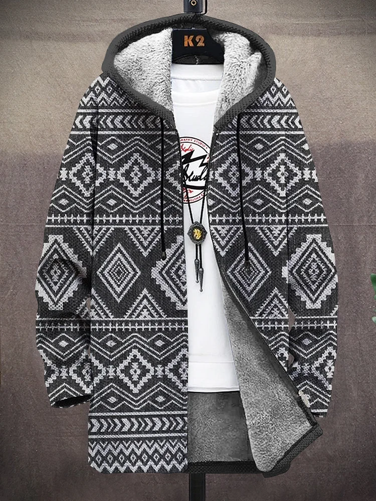 Men's Traditional Geometric Pattern Print Fleece Lined Hooded Trench Coat
