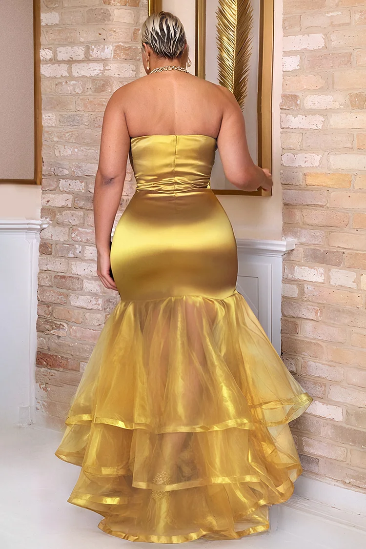 Sweetheart Neck Tulle Patchwork Party Fishtail Maxi Dresses-Gold