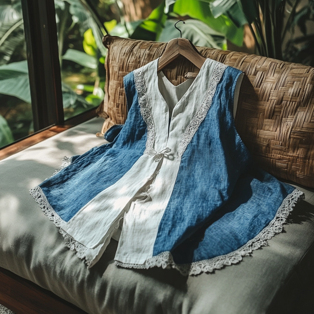 Women's Retro Elegant Linen Vest Blue and White Colorblock Linen Vest Loose Comfortable Breathable V-neck Linen Vest Cardigan