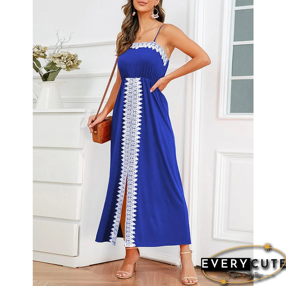 Blue Spliced Lace Trim Spaghetti Straps Dress