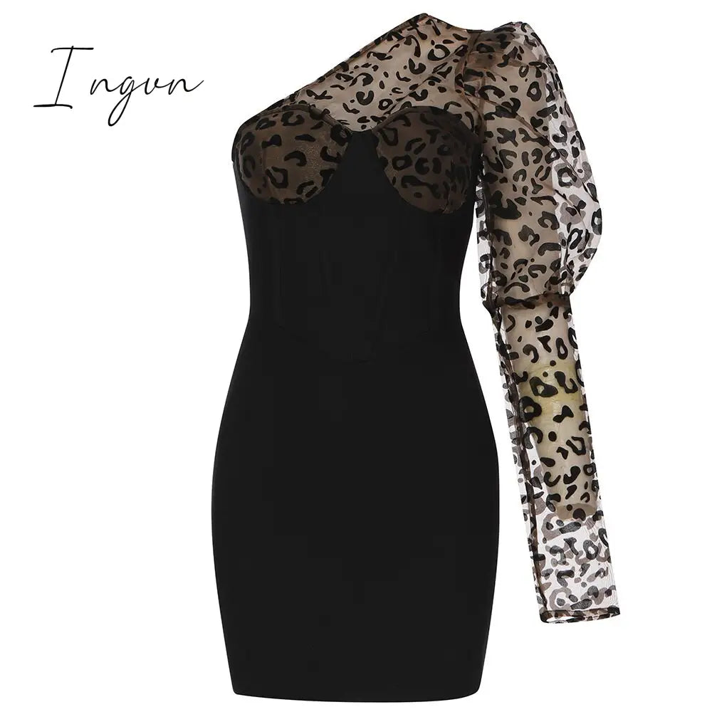 Ingvn - Sexy One - Shoulder Leopard Print Women Dress Patchwork Mesh Backless Bandage Summer Slim