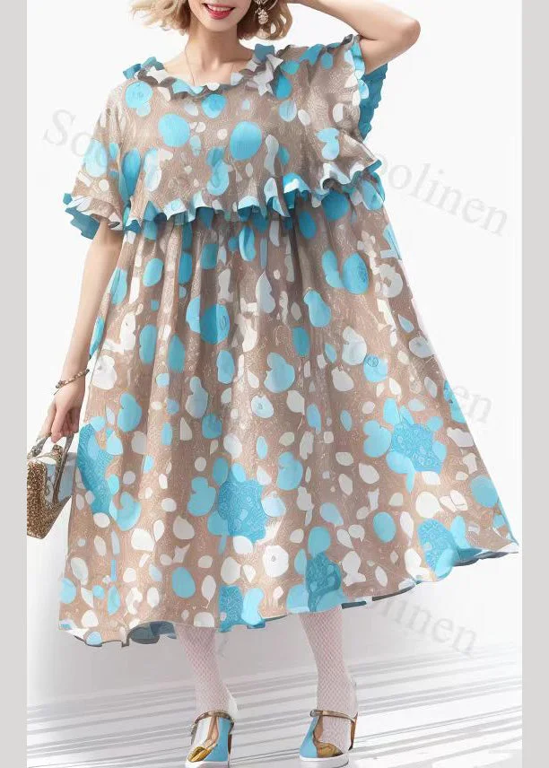 Unique Blue Print Ruffled Patchwork Silk Maxi Dress Short Sleeve