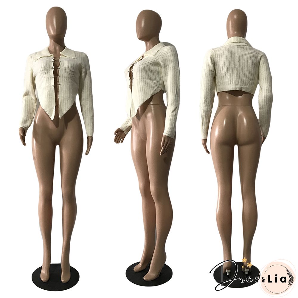 Ribbed Knitted Long Sleeve Pin Up Cardigan Crop Tops