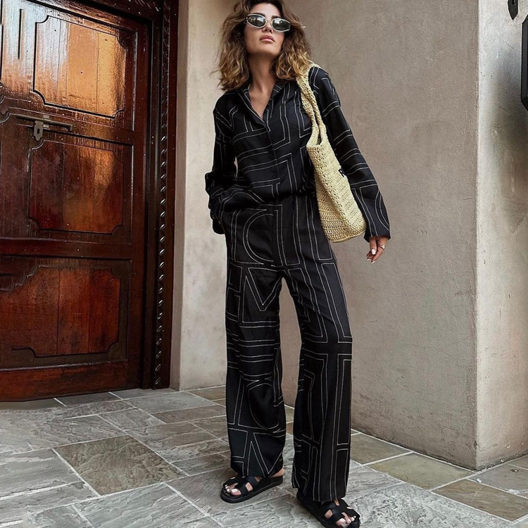 Ootddress Casual Patchwork Printed 2 Piece-Set For Women Trousers Fashion Lapel Shirts Nightwear Slim High Waist Women's Pants Sets