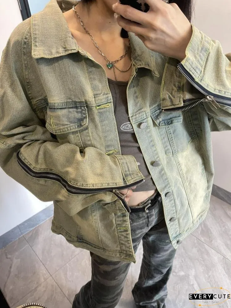 Streetwear Green Jeans Jackets Women Long Sleeve Korean Style Ladies Denim Coat Outwear