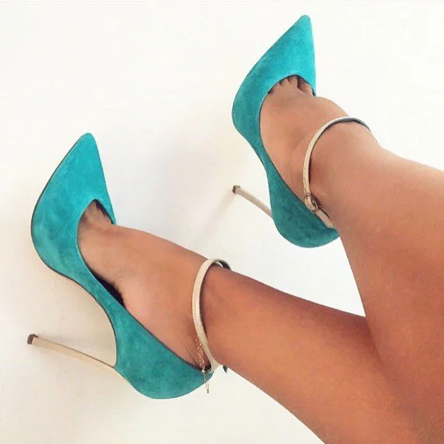 Turquoise Heels Ankle Strap Suede Stiletto Heel Pumps for Office Lady |FSJ Shoes