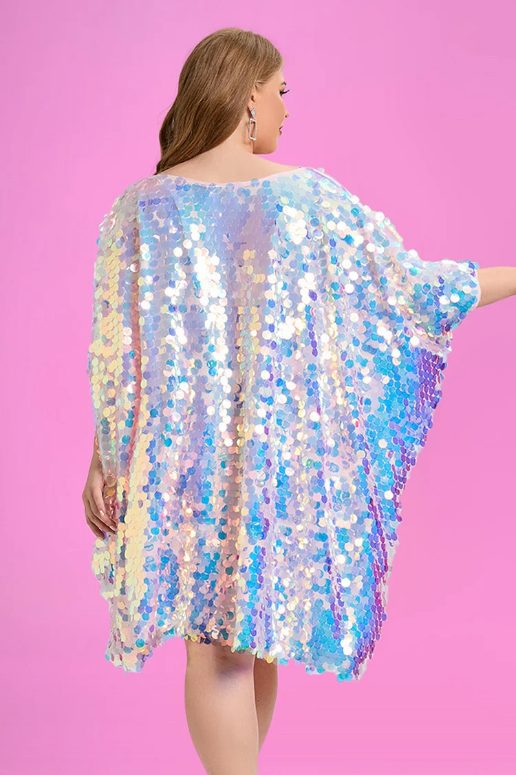 Xpluswear Plus Size Party Reflective Sequin Batwing Sleeves One Shoulder  Mini Dress