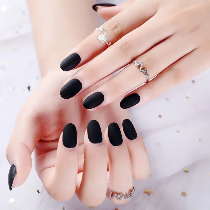 24pcs/set Black Round matte false nails Short Full Cover Frosted Ballerina Nail Tips Red small round oval fake nails art set