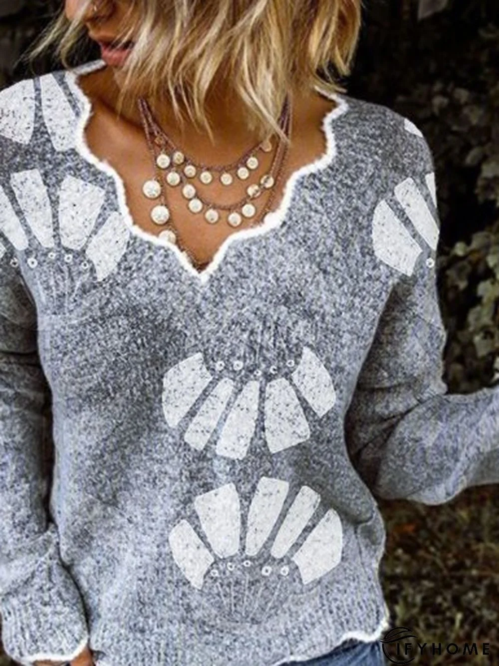 Gray Floral-Print Shift Casual Sweater | IFYHOME