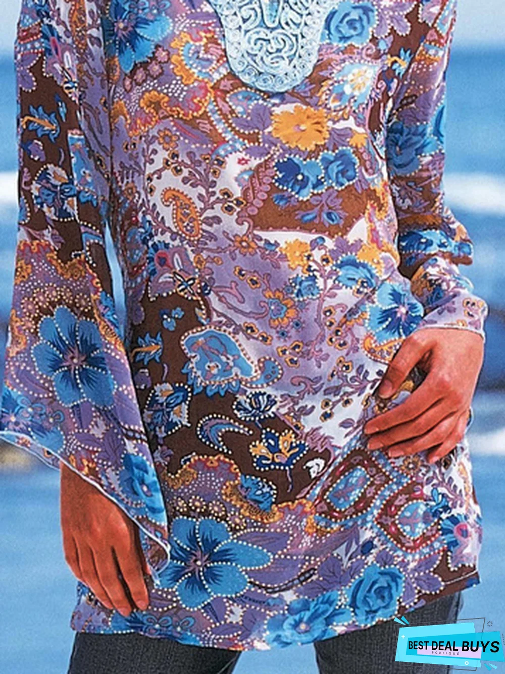 Floral Long Sleeve Lace Edge V Neck Vacation Tunic Top