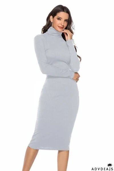 Ribbed Turtleneck Long Sleeve Dress