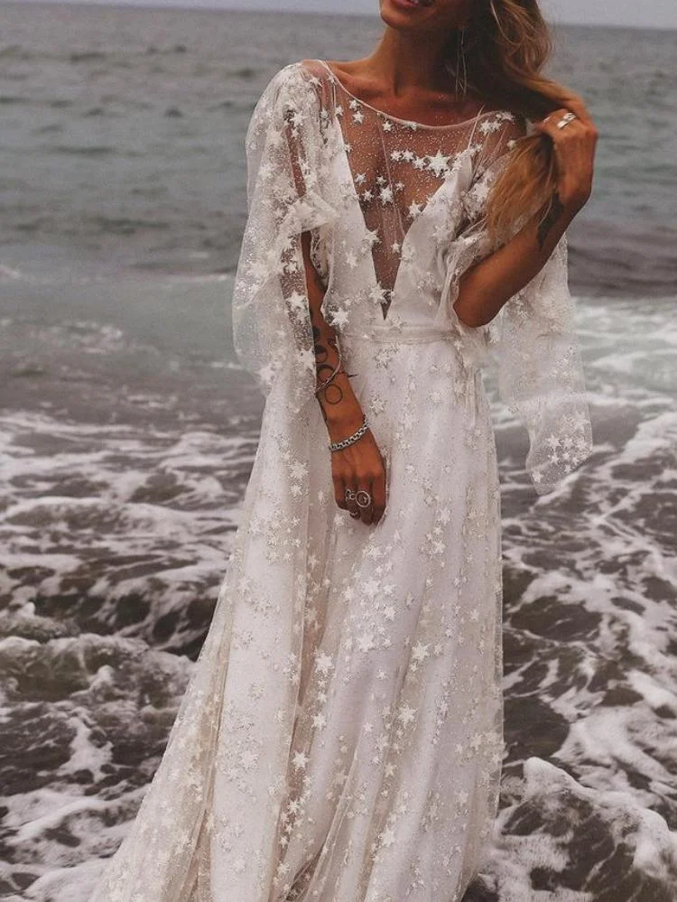 Promsstyle Sexy Deep V Neck Backless Mesh Overlay Mopping Length Wedding Dress Prom Dress 2023