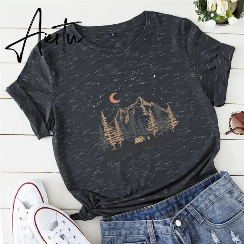Plus Size Shirt S-5XL New Mountain Printed T Shirt 100%Cotton Shirts O Neck Short Sleeve Tee Summer Women Clothing Black Tops Aiertu