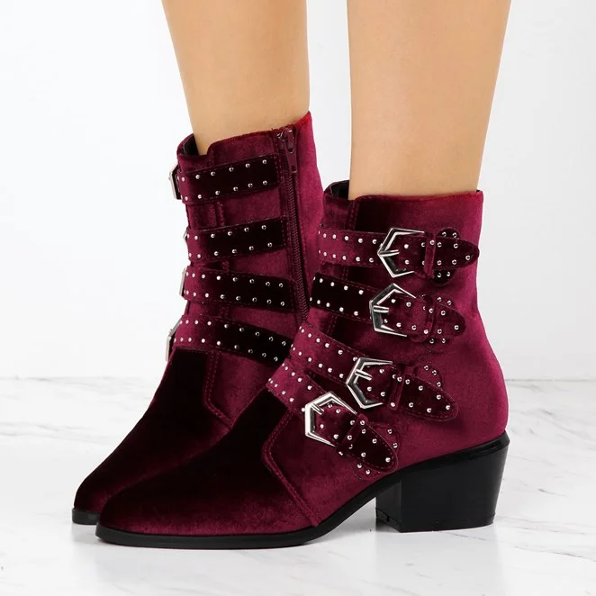 Burgundy Velvet Low Heel Studs Pointy Toe Ankle Boots Vdcoo