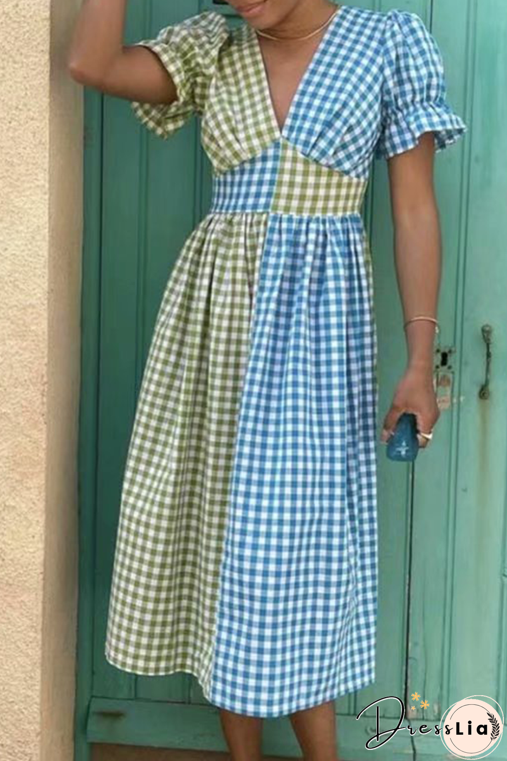 Fashion Celebrities Plaid Split Joint  Contrast V Neck A Line Dresses