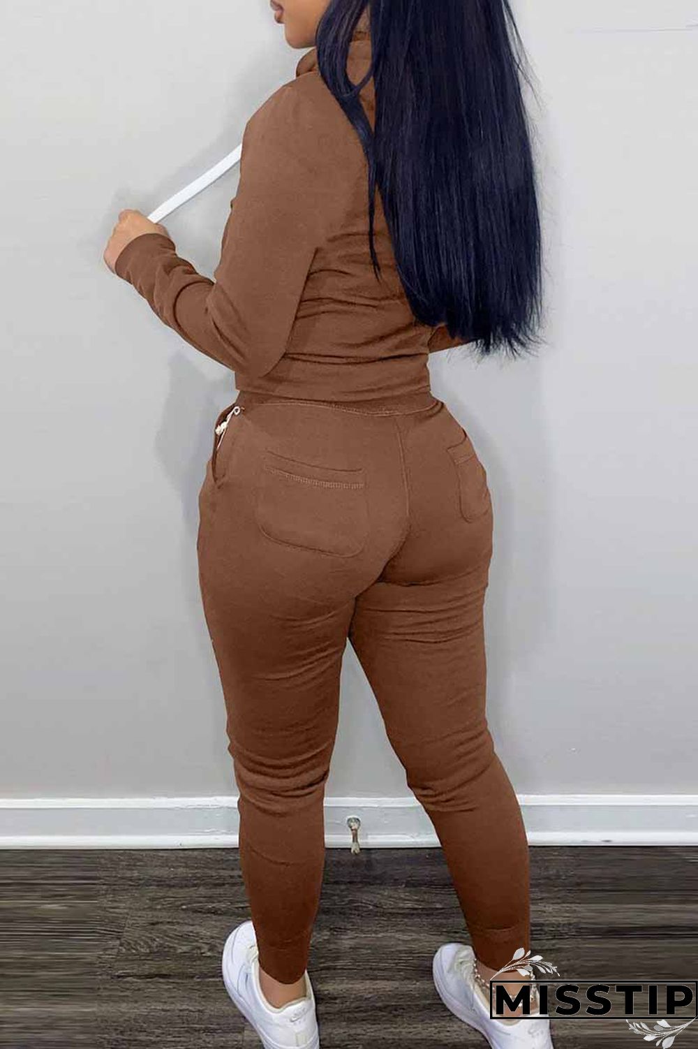 Khaki Elegant Print Letter Hooded Collar Long Sleeve Two Pieces