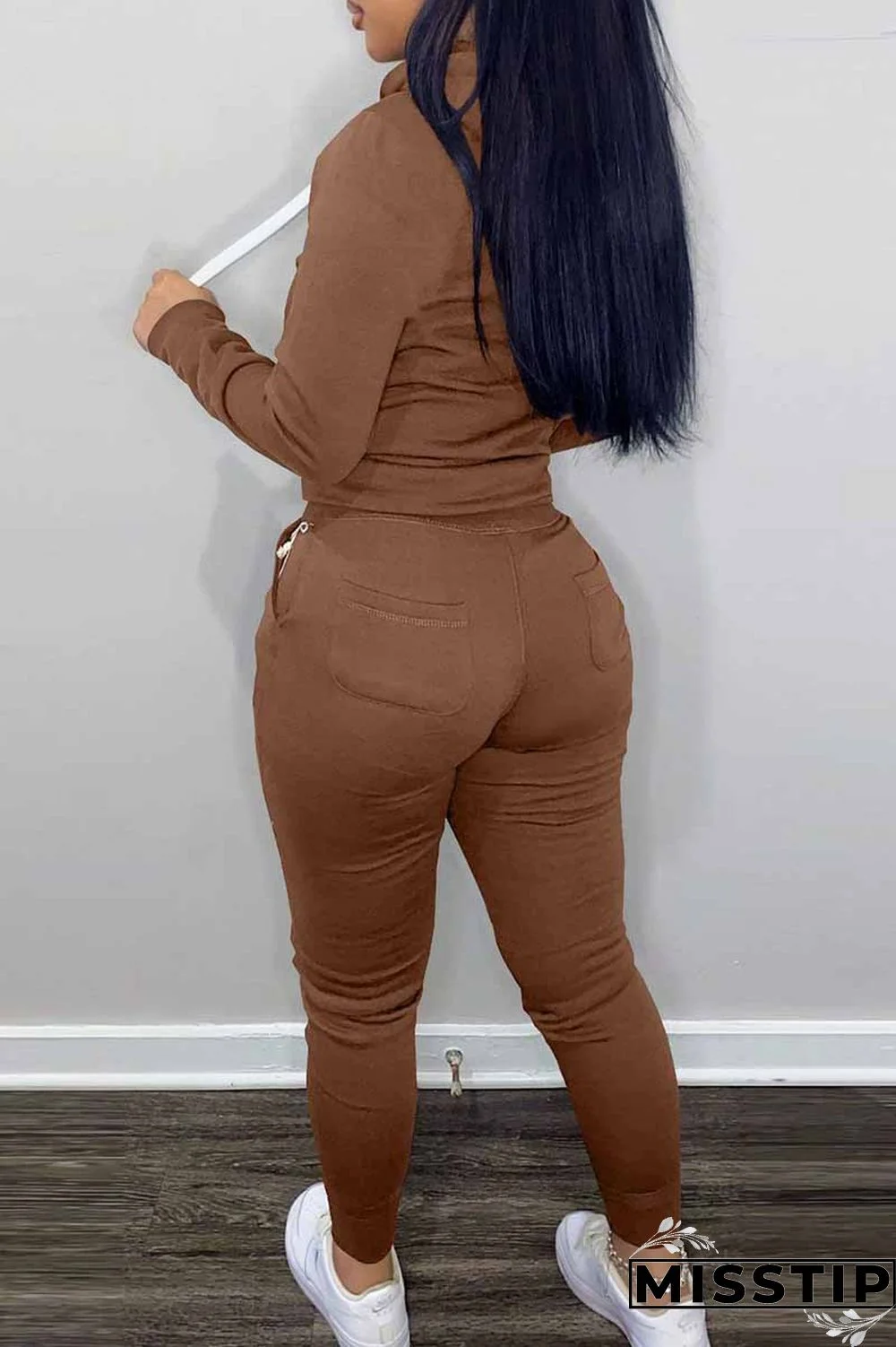 Khaki Elegant Print Letter Hooded Collar Long Sleeve Two Pieces