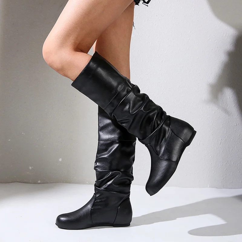 Yyvonne Large-Size Flat Bottom Boots 2025 Autumn And Winter New Round Head Folded High-Valley Knight Boots Woman