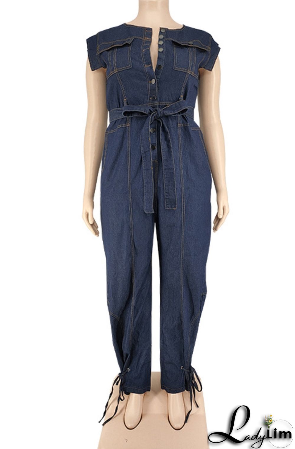 Summer Plus Size Sleeveless Denim Jumpsuit with Belt