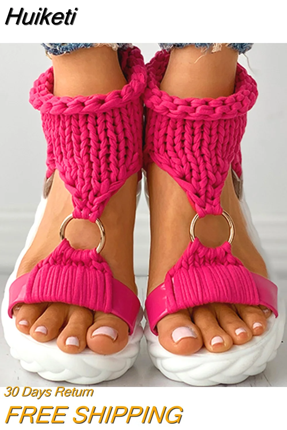 Huiketi Women Fashion Sexy Beach Wear Flat Shoes Solid Color Braided Knit O-Ring Cutout Platform Sandals