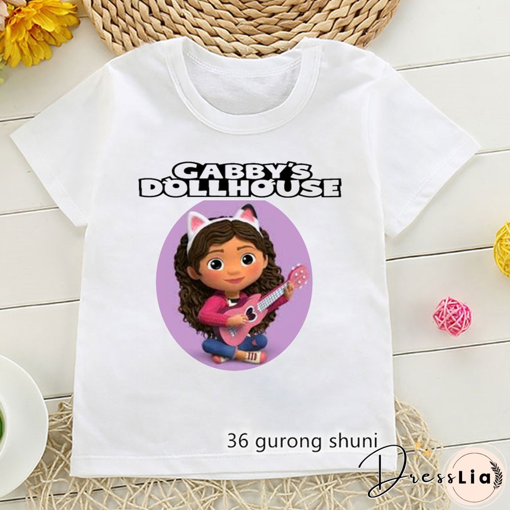 Kawaii Girls T Shirts Gabbys Doll House Cartoon Print Childrens Tshirt Summer Tee Girls Clothes White Camisole Tops