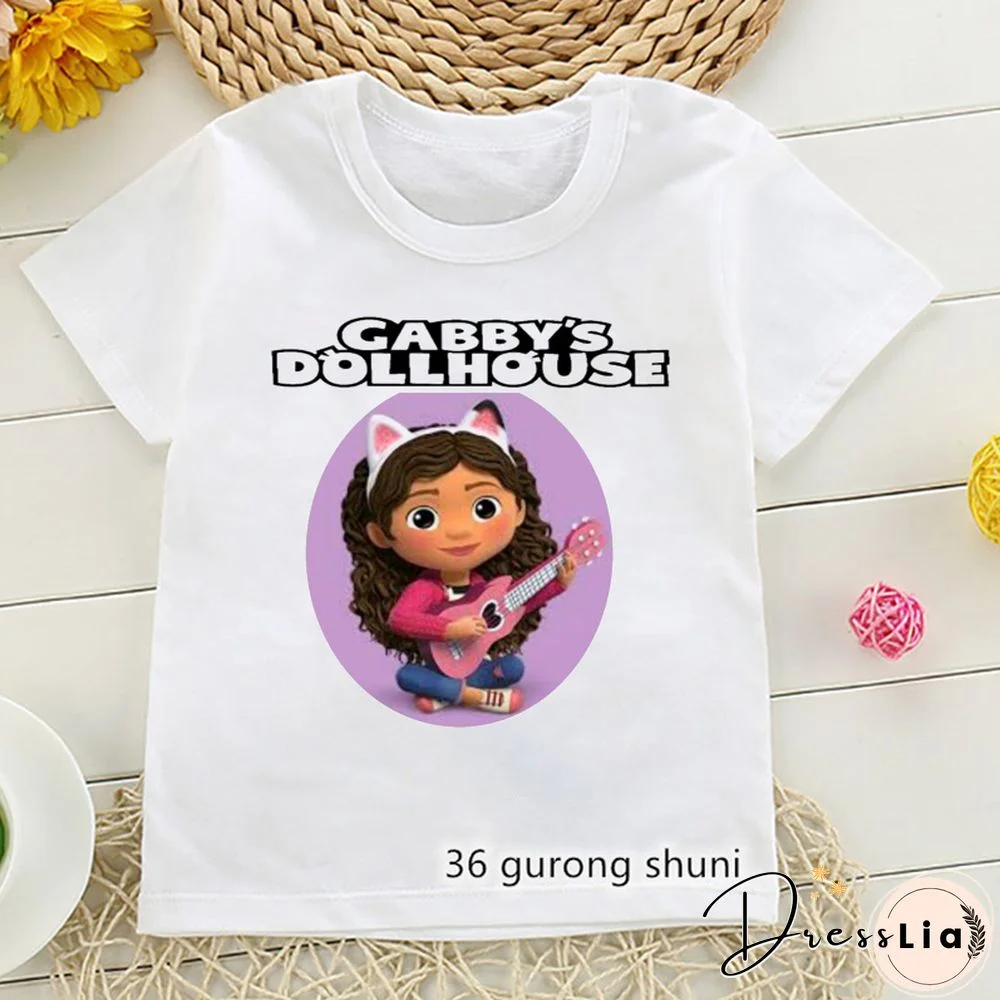 Kawaii Girls T Shirts Gabbys Doll House Cartoon Print Childrens Tshirt Summer Tee Girls Clothes White Camisole Tops