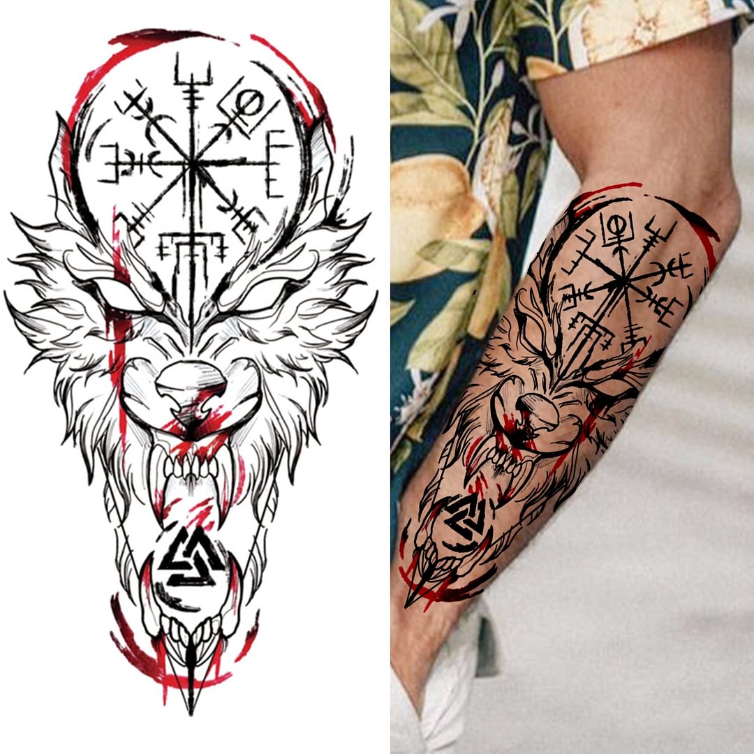 Compass Wolf Temporary Tattoos For Men Women Adult Fake Lion Tattoo Sticker Tiger Black Tribal Body Art Drawings Tatoos Arm
