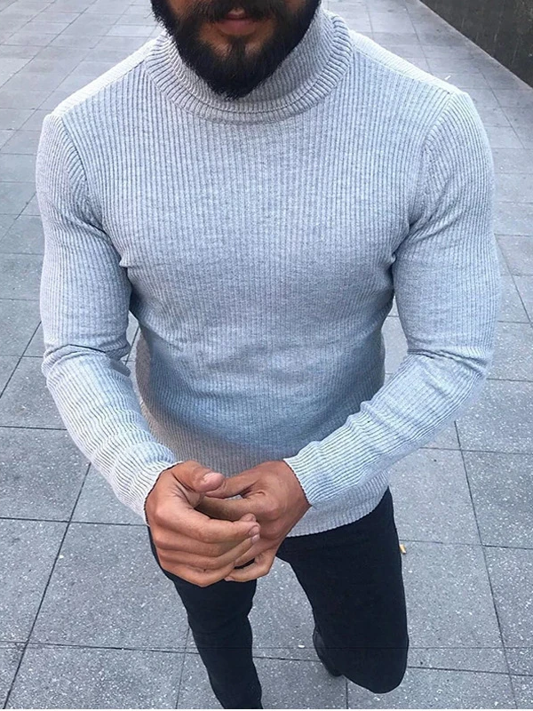 Men High Neck Striped Pullover Sweater