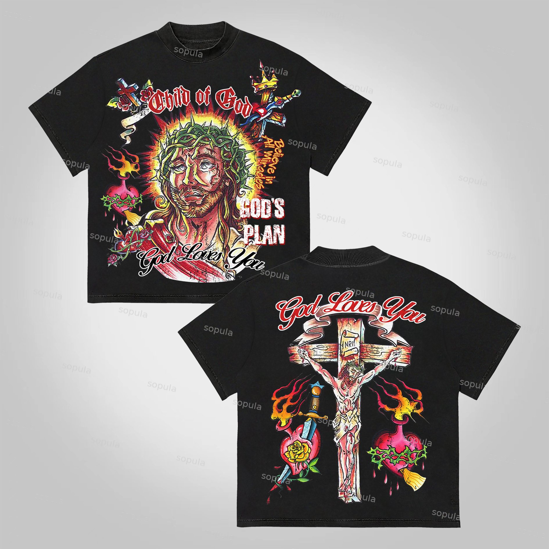 Sopula Jesus Portrait Faith Cross Graphic Print Cotton T-Shirt - SOPULA