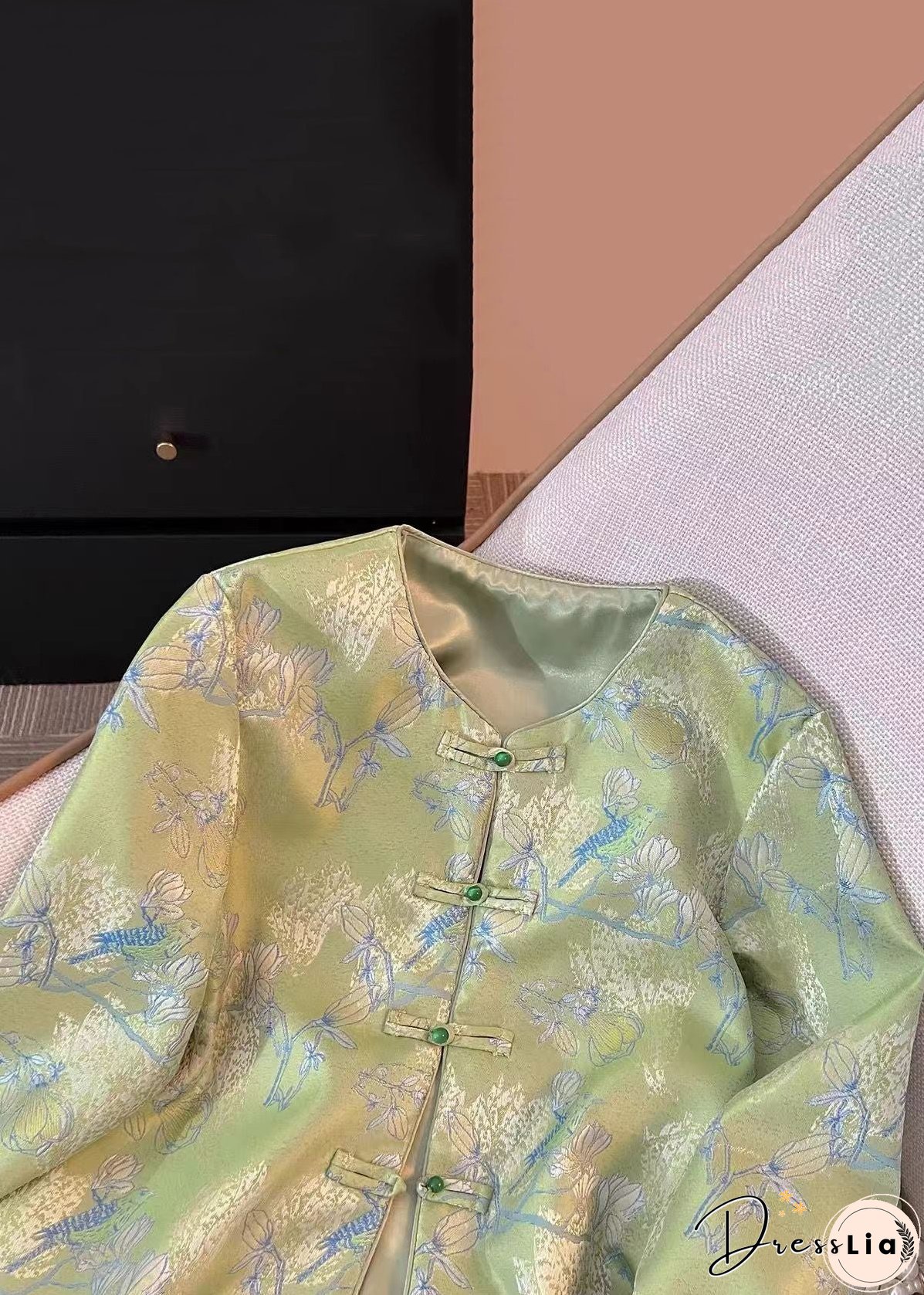 New Green Print Print Side Open Silk Coats Fall
