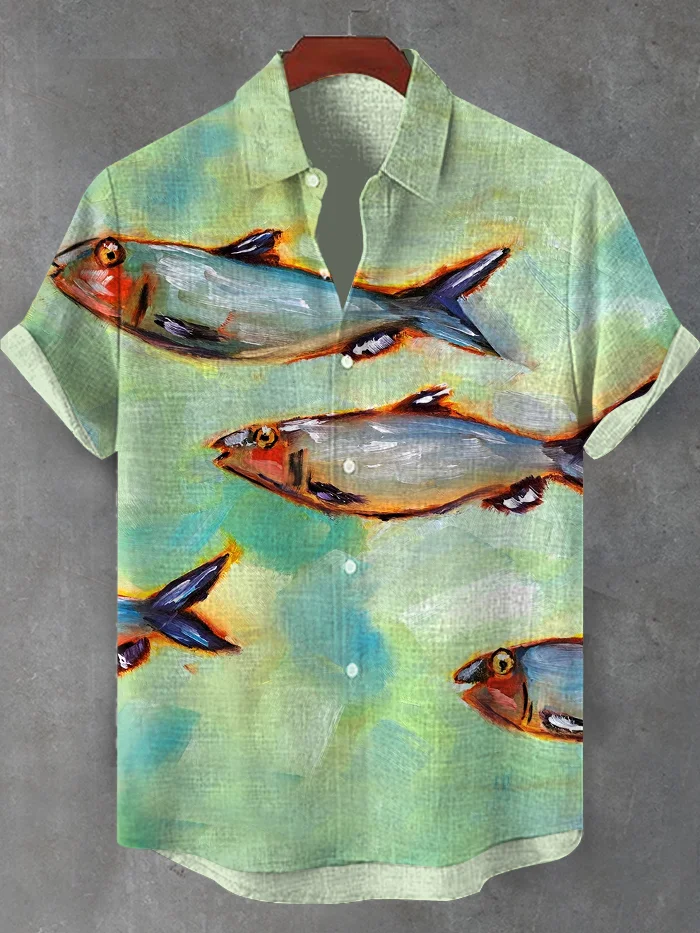 Men's Sardines Swimming Oil Painting Print Casual Short Sleeve Shirt