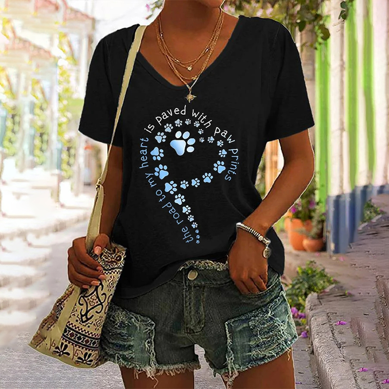 wearshes The Road To my Heart Is Paved With Paw Prints Print Casual T-Shirt