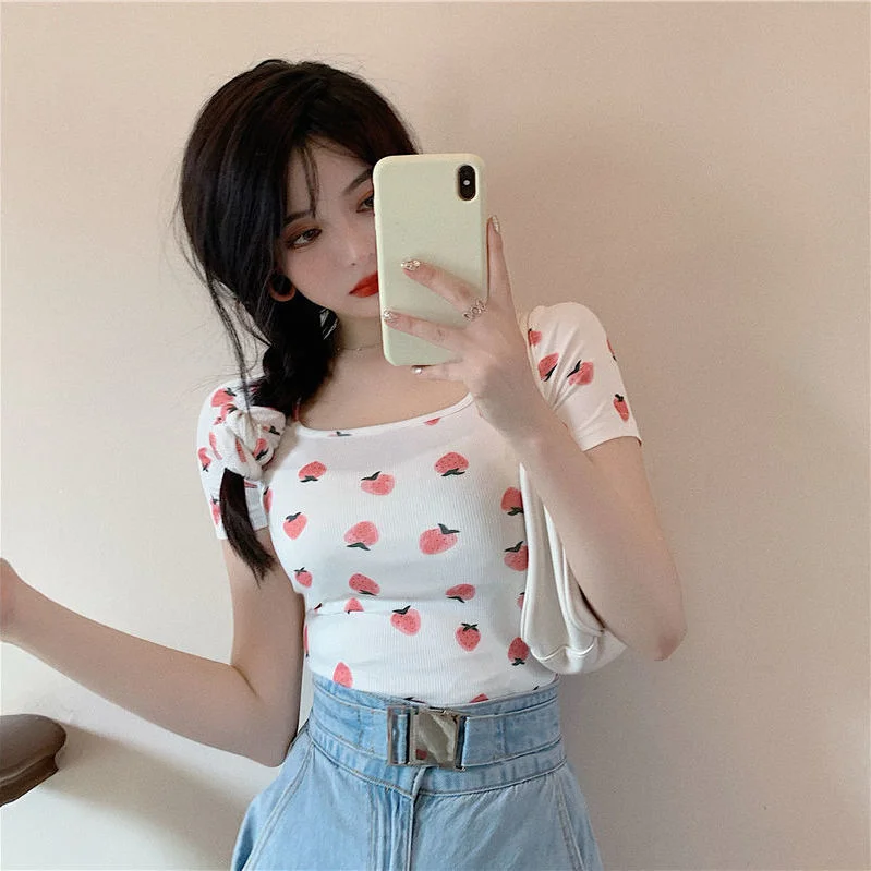Brownm Brownm Cool Hot Girl Sexy Square Collar Short T-Shirt Female Summer Versatile Slim Slim Bottom Top Female Student Tide