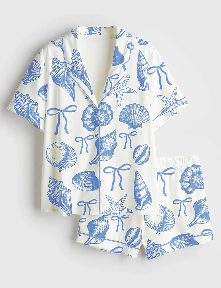 Women&rsquo;s Coquette Seashell Summer Beach Coastal Blue Bow Print Short Sleeve Satin Pajama Set