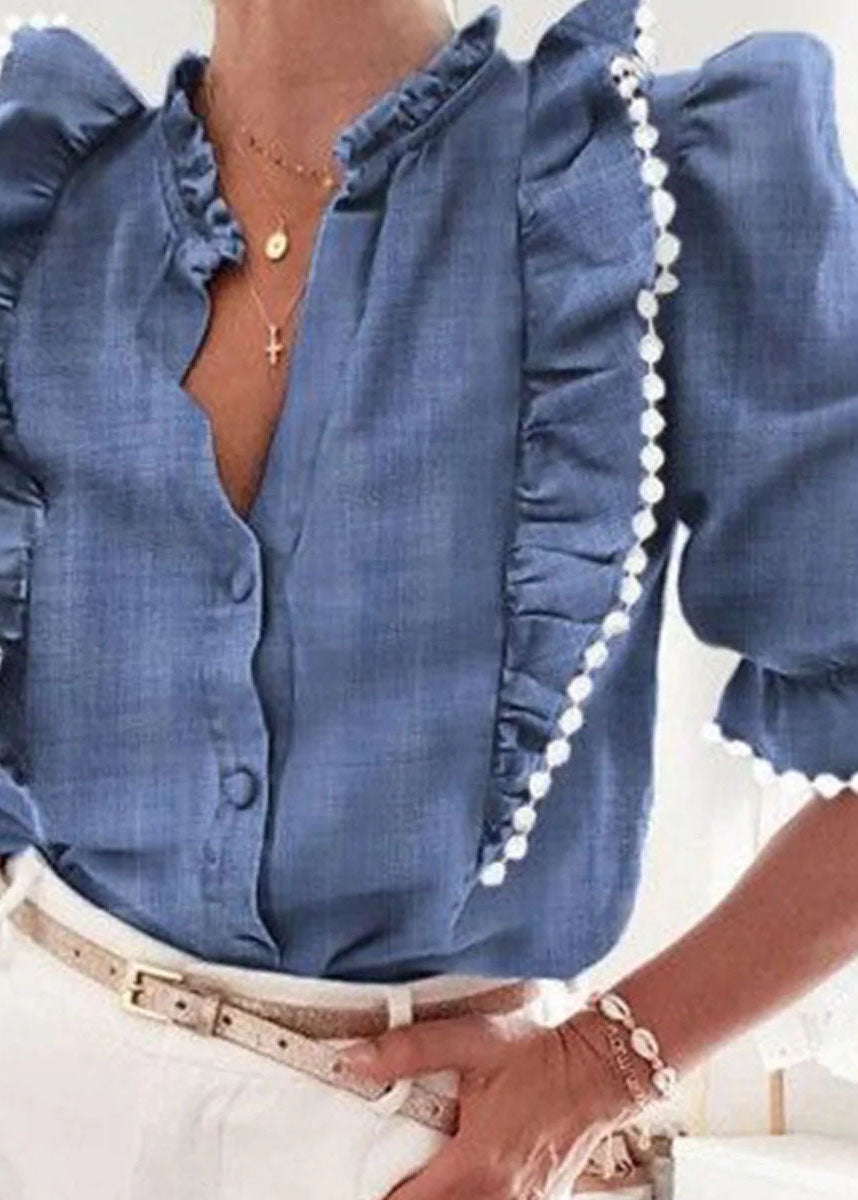 VCSHOES Blue Ruffled Patchwork Denim Top Short Sleeve