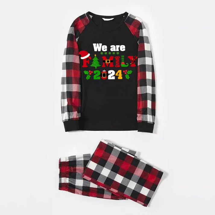 Christmas We are Family 2024 Letter Print Red & Black & Grey & White Plaid Family Matching Pajamas With Dog