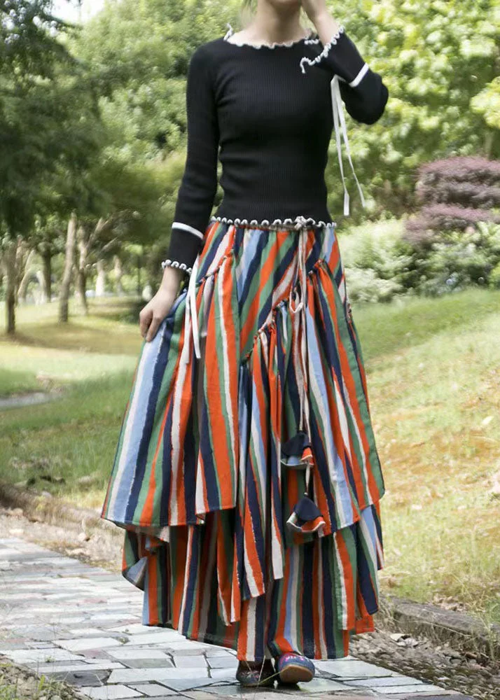 Organic Striped Wrinkled Asymmetrical Layered Patchwork Cotton Skirts Fall