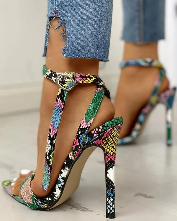 Snakeskin Ankle Strap Thin Heeled Sandals