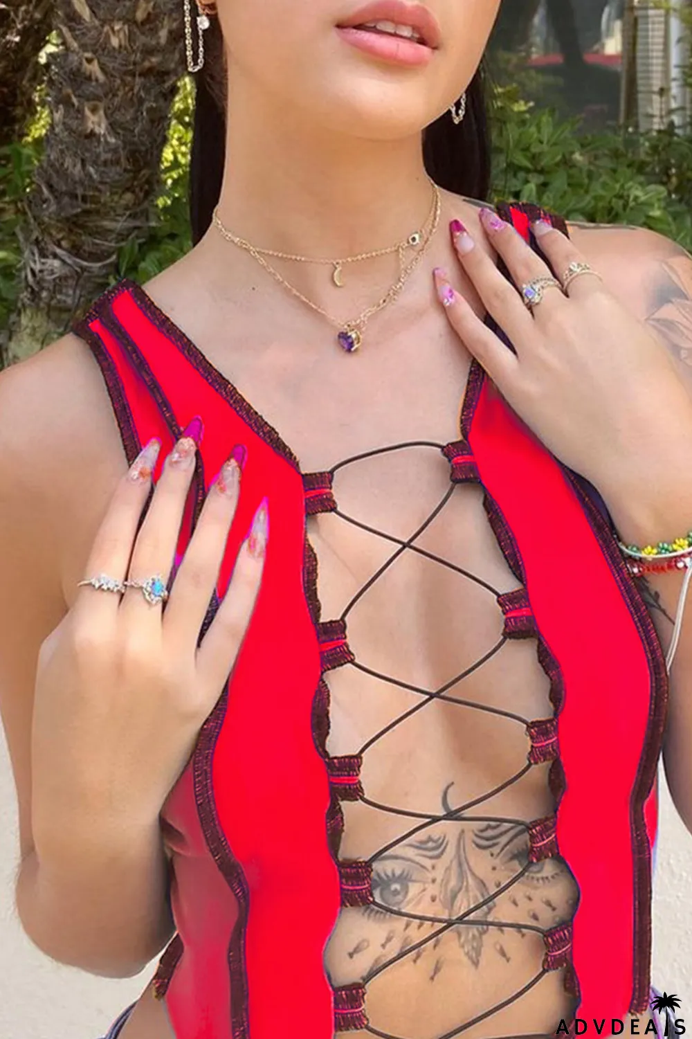 Red Sexy Casual Solid Bandage Hollowed Out V Neck Tops