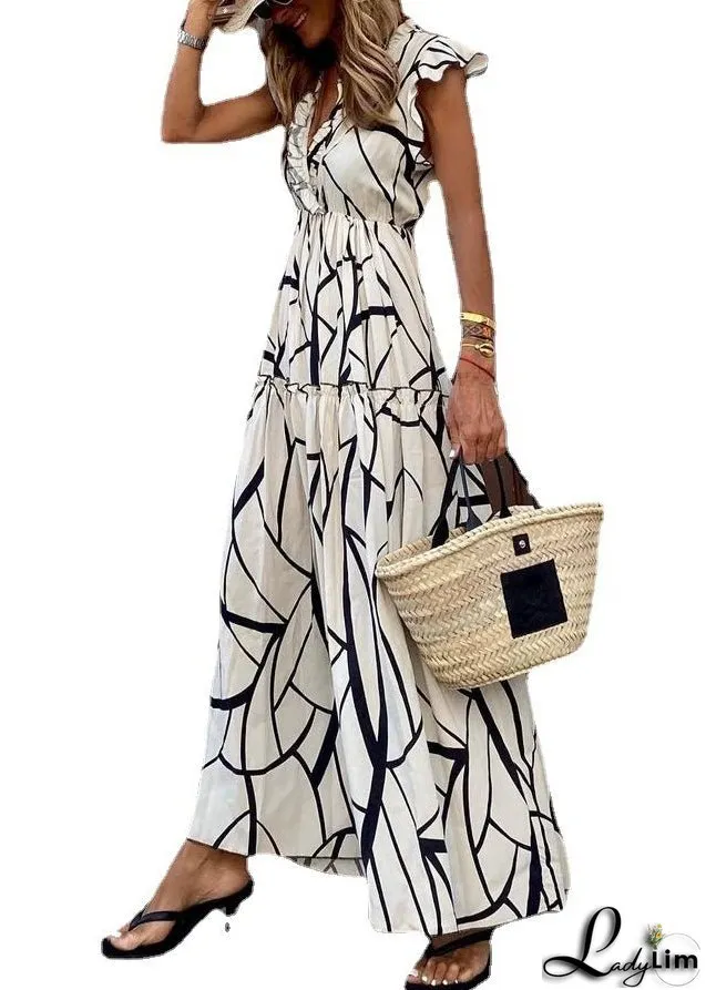 Elegant White Ruffled Print Cotton Long Dresses Summer